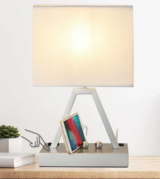 Rynx | Briever Usb C Touch Control Table Lamp, 3-Level Dimmable Desk Lamp With Usb C & Usb A And Ac Output, Nightstand Lamp With Phone Stand And Fabric Shade For Bedroom, Living Room, Bulb Included, Silver