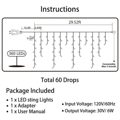 Rynx | Toodour 360 LED Christmas icicle lights, 29.5Ft warm white light string for holiday decoration