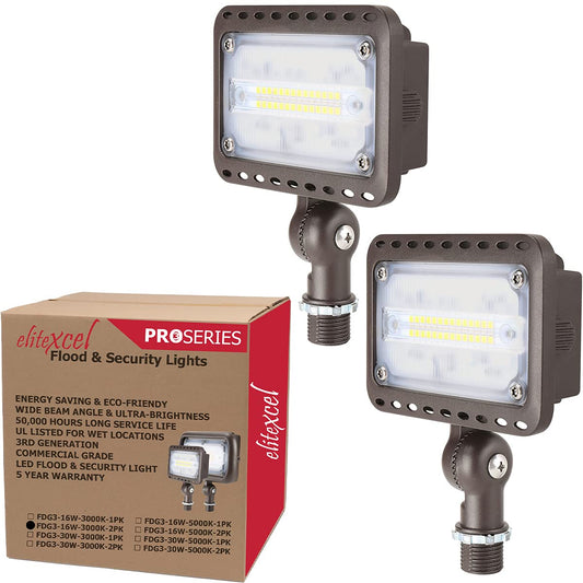 Rynx | Elitexcel Outdoor Led Landscape Light, 3rd Gen 16W Ul Listed Landscape Light, 1500 Lumen Waterproof Walkway Security Light, 3000K Warm White, 1/2" Knuckle Mounting, 120V And 5 Year Warranty