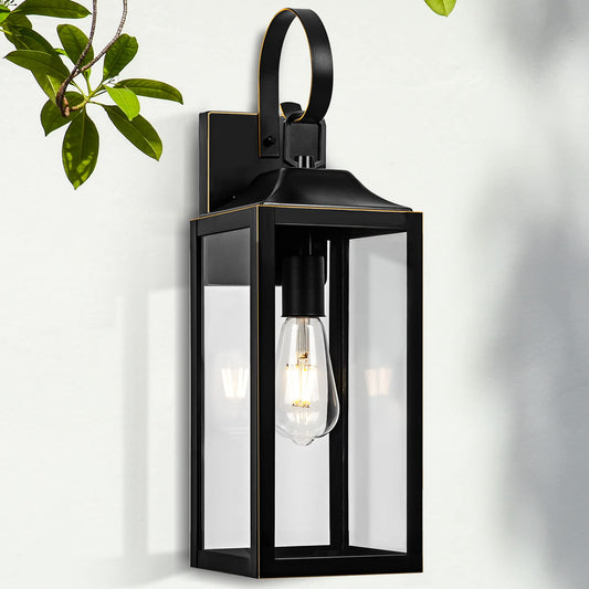 Rynx | Yolsunes black outdoor wall lamp, 19" courtyard wall lamp, waterproof metal lantern with gold trim