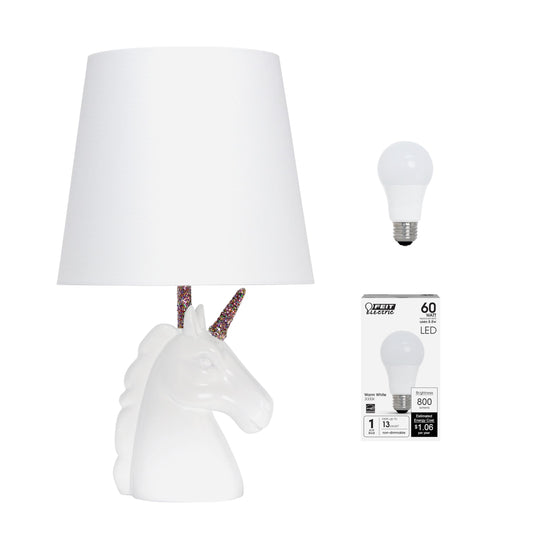 Rynx | Simple Design Lt1078-Rnw-Lb 15.5&quot; Sparkling Glitter Unicorn Lamp for Kids Room, Playroom, Living Room, Bedroom, Toy Room, Hallway, White with Rainbow Glitter, with Fat LED Light Bulb Included