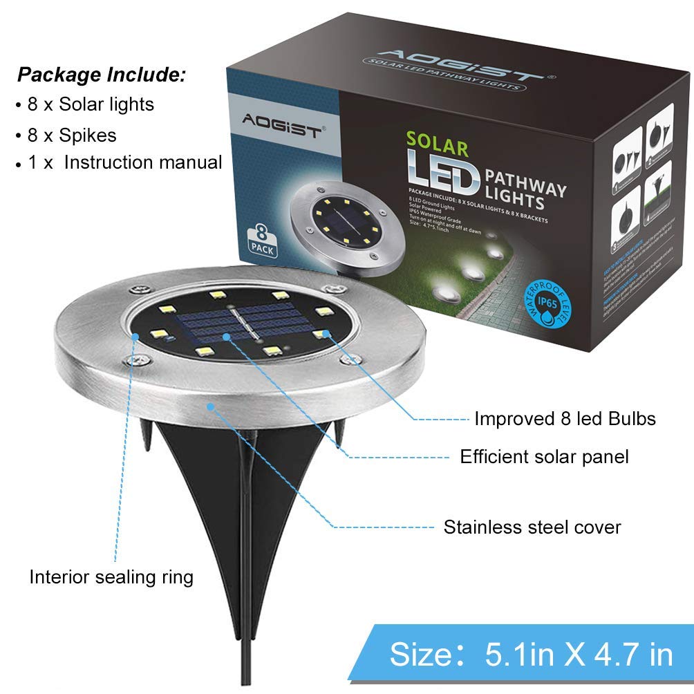 Rynx | Aogist 8 Pack Sunlight, Warm White Led Garden Disk Lights For Outdoor Path