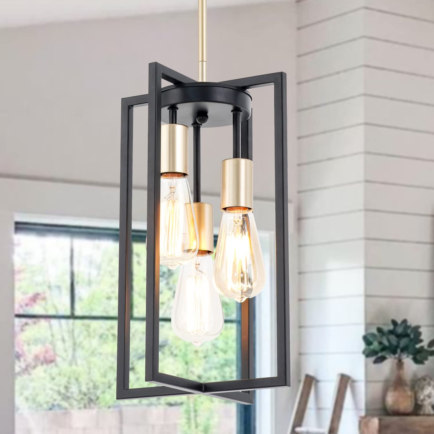 Rynx | Industrial Farm Pendant Lamps, Rectangular 3-Light Modern Black And Gold Chandelier, Geometric Metal Cage Adjustable Rods Pendant Lamp For Kitchen Island Dining Room Living Room Foyer
