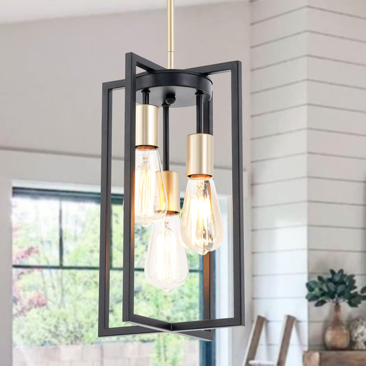 Rynx | Industrial Farm Pendant Lamps, Rectangular 3-Light Modern Black And Gold Chandelier, Geometric Metal Cage Adjustable Rods Pendant Lamp For Kitchen Island Dining Room Living Room Foyer