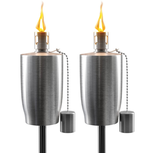 Rynx | Matney Stainless Steel Outdoor Torches - 5 Ft High - Decorative Garden & Yard Lights - Oil Lamp for Citronella - Fiberglass Wick & Snuffer Cap - Set of 2 (Cylinder)
