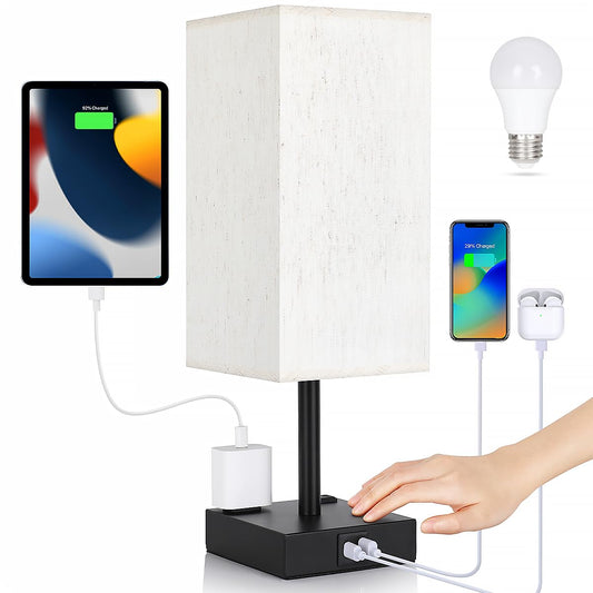 Rynx | Bedside lamp with nightstand - Touch lamp with USB C+A charging stations and AC outlets, 3-level dimmable bedside lamp for