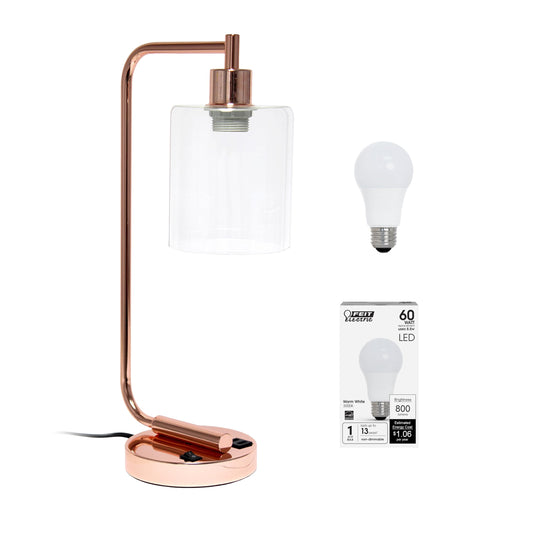 Rynx | Simple Designs Ld1066-Rgd-Lb Industrial Vintage Bronson Iron Lantern Desk Lamp With USB Port And Glass Cylinder Shade For Office, Living Room, Bedroom, Rose Gold, With Bulky LED Light Bulb Included