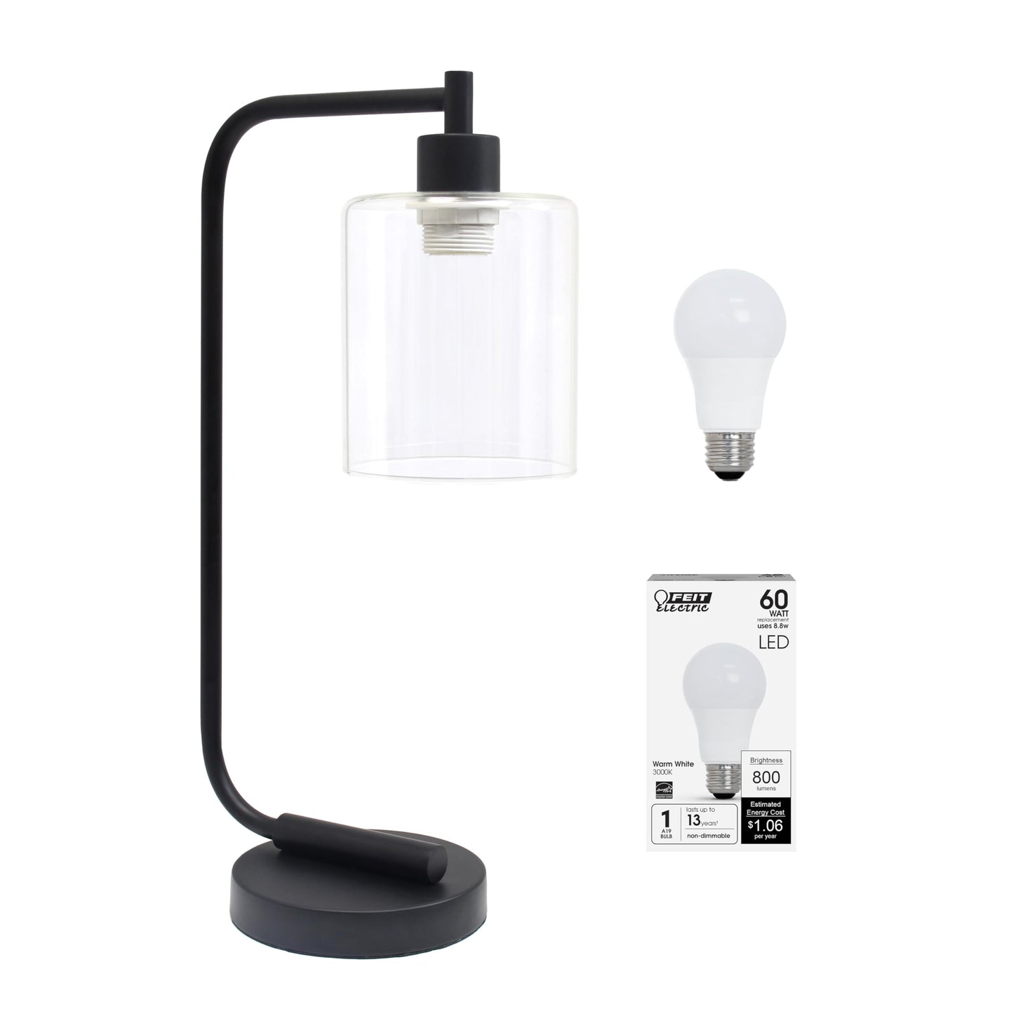 Rynx | Simple Designs Ld1036-Blk-Lb 18.8" Industrial Bronson Antique Style Iron Lantern Desk Table Lamp With Glass Shade For Home Decor, Office, Living Room, Bedroom, Black, With Bulky Led Light Bulb Included