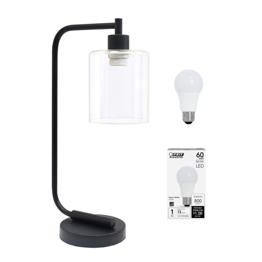 Rynx | Simple Designs Ld1036-Blk-Lb 18.8" Industrial Bronson Antique Style Iron Lantern Desk Table Lamp With Glass Shade For Home Decor, Office, Living Room, Bedroom, Black, With Bulky Led Light Bulb Included