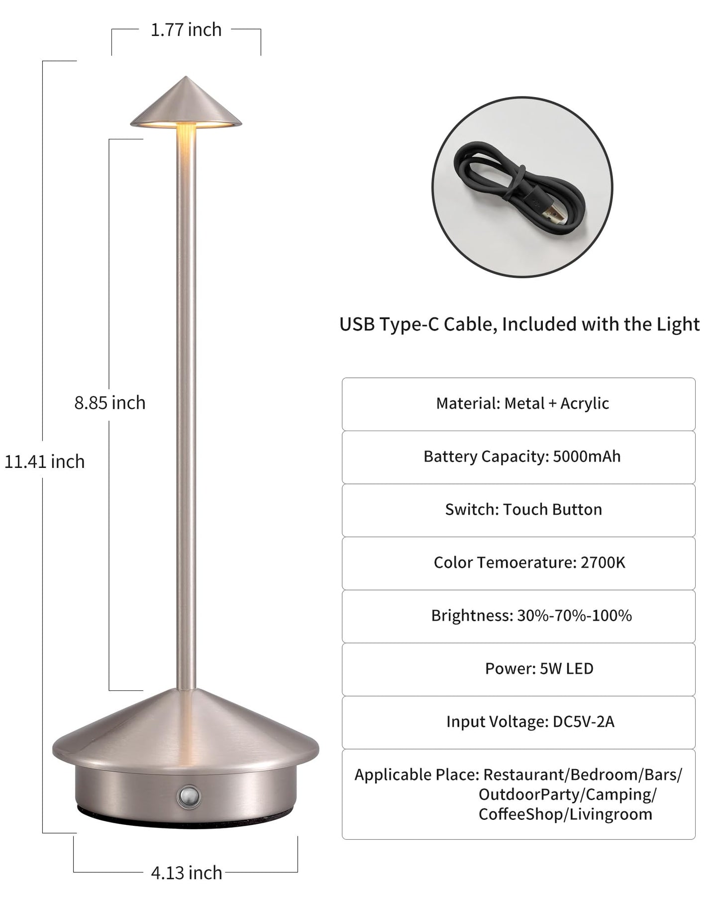 Rynx | Newsee Wireless Table Lamps Set of 2, Rechargeable LED Lighting in Brushed Nickel for Home and Camping