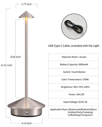 Rynx | Newsee Wireless Table Lamps Set of 2, Rechargeable LED Lighting in Brushed Nickel for Home and Camping