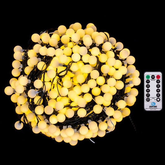 Rynx | Vickerman 400 Light Warm White Led Indoor/Outdoor 8 Function Cherry Light Set - Remote Control - Cherry Ball Size - Black Wire - Adapter Plug - Festive Christmas Lights - Everyday Lights