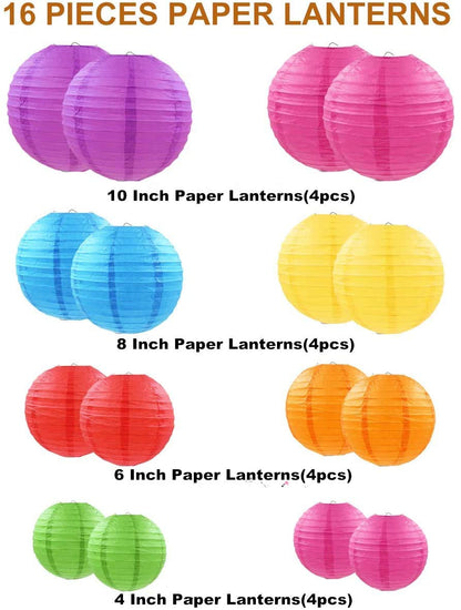 Rynx | Famolay 16 Pcs Multicolor Paper Lanterns - 4" 6" 8" 10" Round Hanging Decorations
