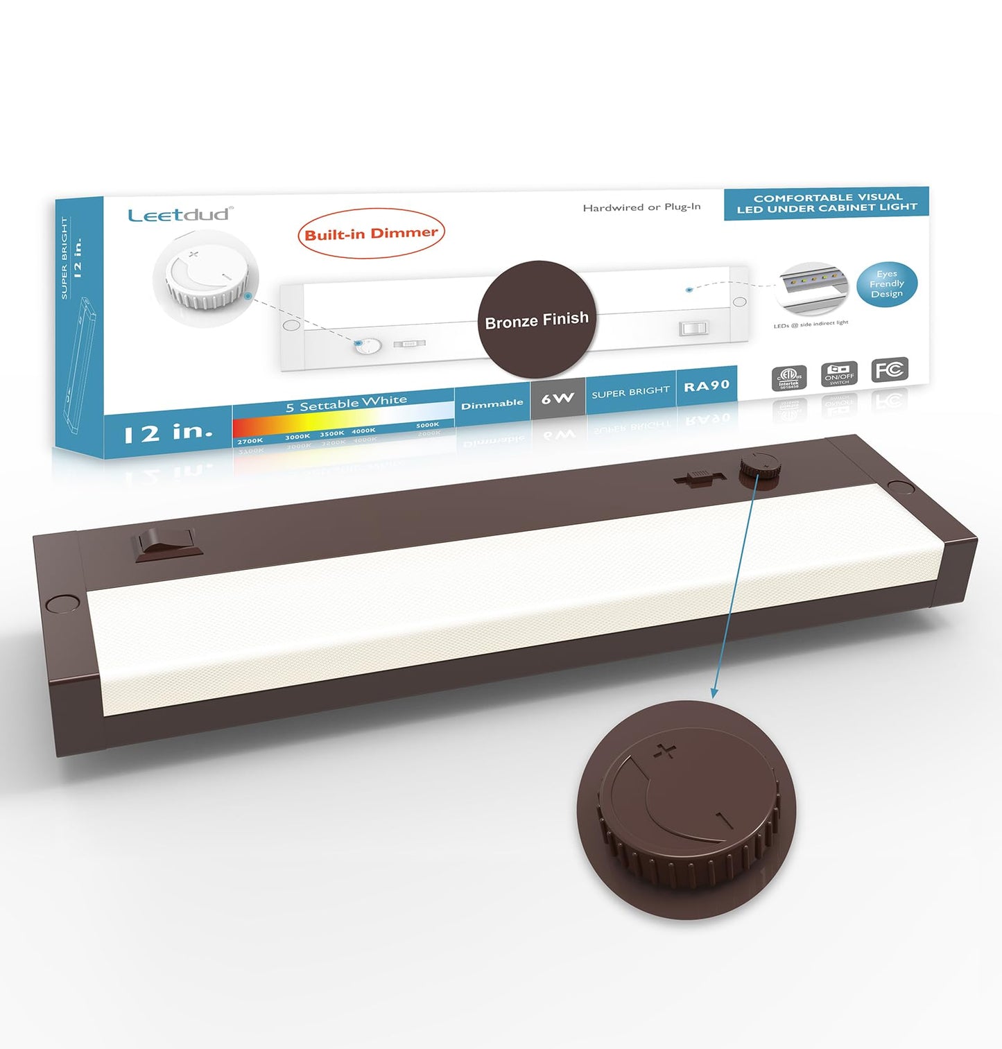 Rynx | Leetdud LED Under Cabinet Lighting Built-in Dimmer Plug In Or Hardwired, 12 Inch 6W Dimmable 5 Color 2700K/3000K/3500K/4000K/5000