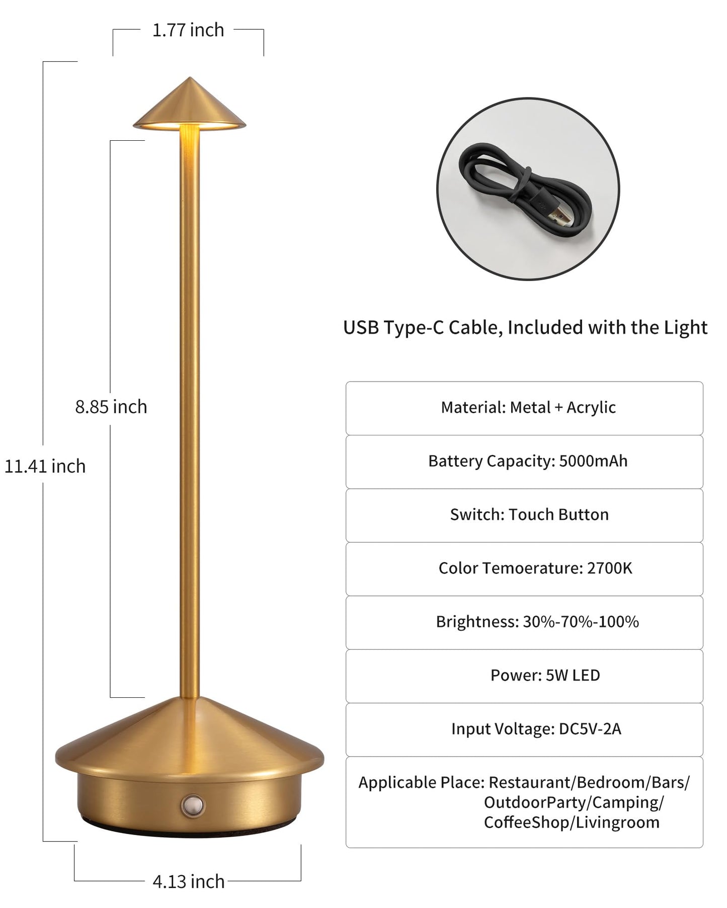 Rynx | Newsee Wireless Table Lamp Set of 2, Gold LED Desk Lamps with Rechargeable Battery, Portable Lighting