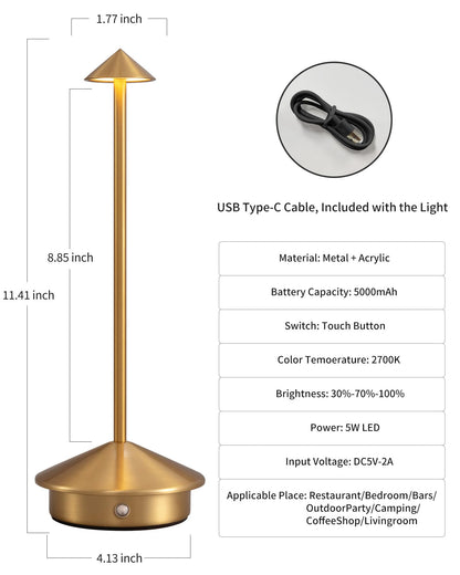 Rynx | Newsee Wireless Table Lamp Set of 2, Gold LED Desk Lamps with Rechargeable Battery, Portable Lighting
