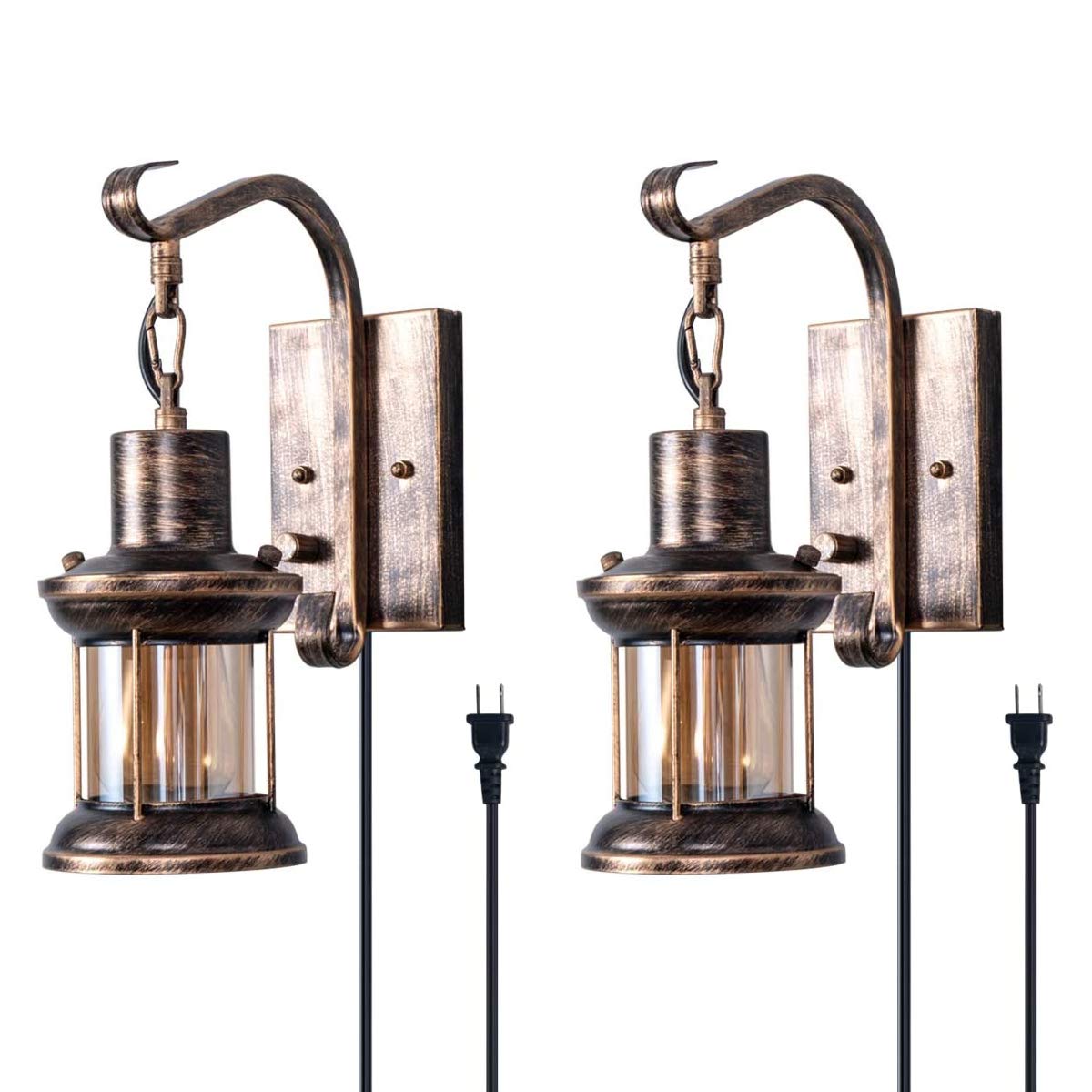 Rynx | Yisuro Rustic Wall Lamp, Oil Polished Bronze, 2-Pack Vintage Glass Shade Wall Holder, Hardwired Plug-In