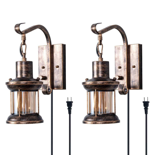 Rynx | Yisuro Rustic Wall Lamp, Oil Polished Bronze, 2-Pack Vintage Glass Shade Wall Holder, Hardwired Plug-In
