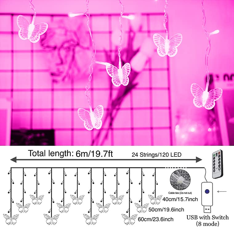 Rynx | Felishine Pink Butterfly Curtain Fairy Lights - 120 Led, 8 Modes, Usb, Waterproof, Remote Control