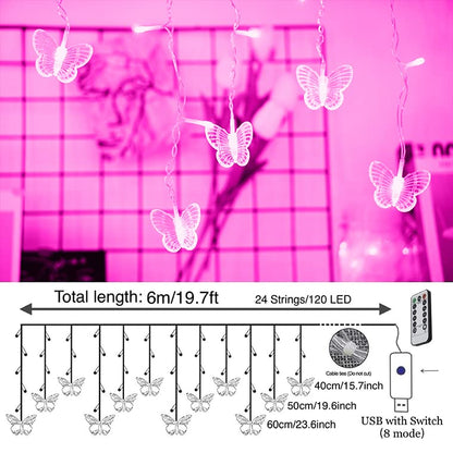 Rynx | Felishine Pink Butterfly Curtain Fairy Lights - 120 Led, 8 Modes, Usb, Waterproof, Remote Control