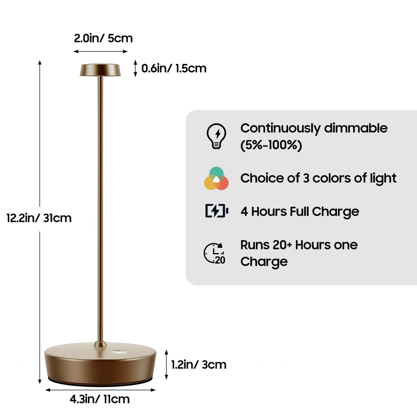Rynx | Sikevht Wireless LED Table Lamp - Rechargeable, Dimmable, Portable, Metal - Titanium Finish