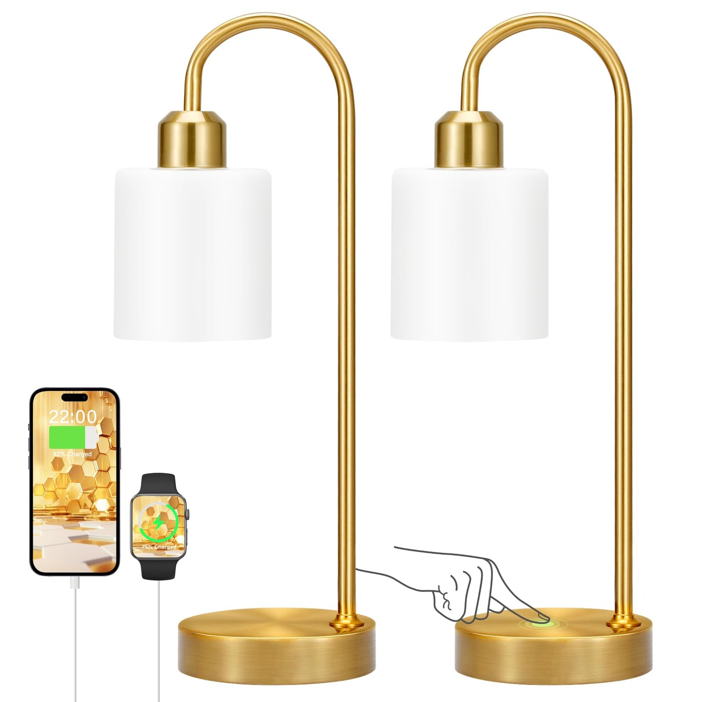 Rynx | Opal Gold Desk Lamps For Home Office - 3 Way Dimmers Touch Gold Lamp With Usb C+A Ports, Nightstand Lamp With Glass Shade, Living Room Table Lamps For Nightstand, Bedroom, Living Room, Led Bulb Included
