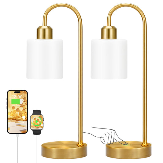 Rynx | Opal Gold Desk Lamps For Home Office - 3 Way Dimmers Touch Gold Lamp With Usb C+A Ports, Nightstand Lamp With Glass Shade, Living Room Table Lamps For Nightstand, Bedroom, Living Room, Led Bulb Included
