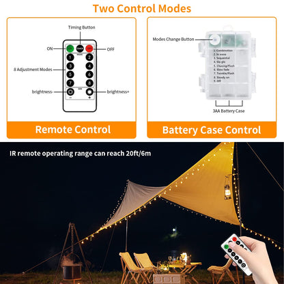 Rynx | Ryblgled 66Ft 200Led Warm White Battery Powered Outdoor Light Sources With Remote Control - Waterproof, 8 Modes