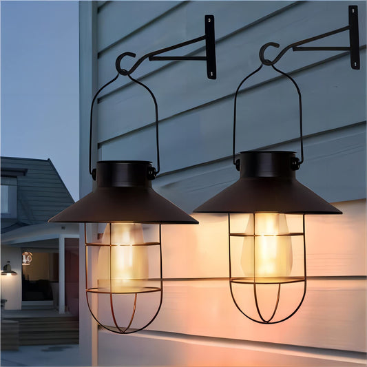 Rynx | Pearlstar Solar Lanterns Outdoor Metal Solar-Powered Hanging Lights Waterproof For Wall Charge Garage Garden Patio Balcony Veranda Fence Decor, Warm White Edison Bulb (Black-2Pack)