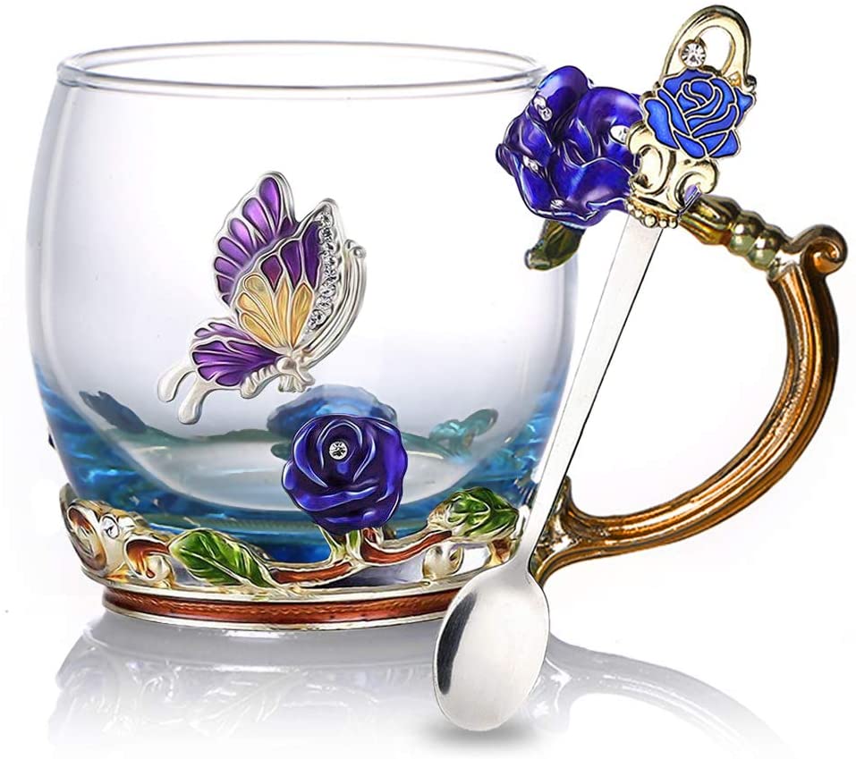 Rynx | Enamel Rose Glass Tea Cup Set (With Spoon)