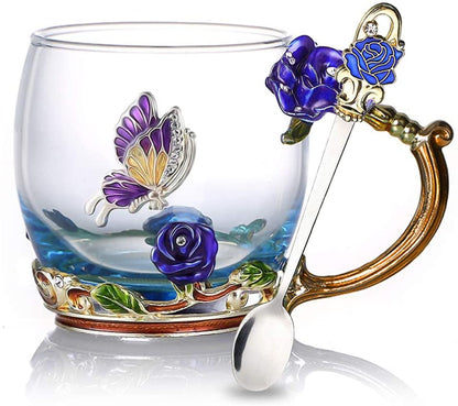 Rynx | Enamel Rose Glass Tea Cup Set (With Spoon)