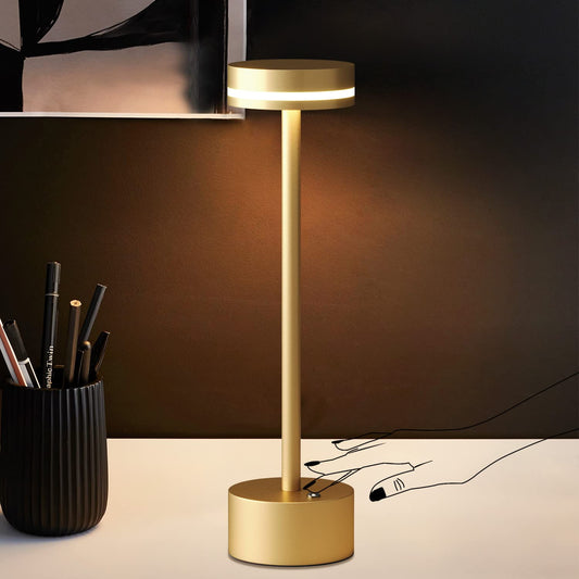 Rynx | Modern LED Rechargeable Wireless Table Lamp With Touch Sensor, Aluminum Shell, 4000Mah Certified Battery, 3 Light Levels, USB-C Charging Port, 3000K Portable Metal Nightstand Lamp (Gold)