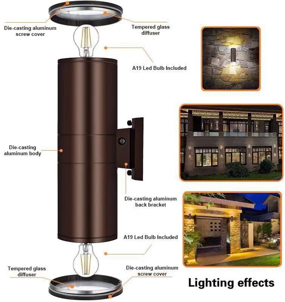 Rynx | Rosykite Outdoor Wall Lamps - Twilight to Dawn Modern Wall Lamps, 2 Light Bulbs Included, Brown Aluminum