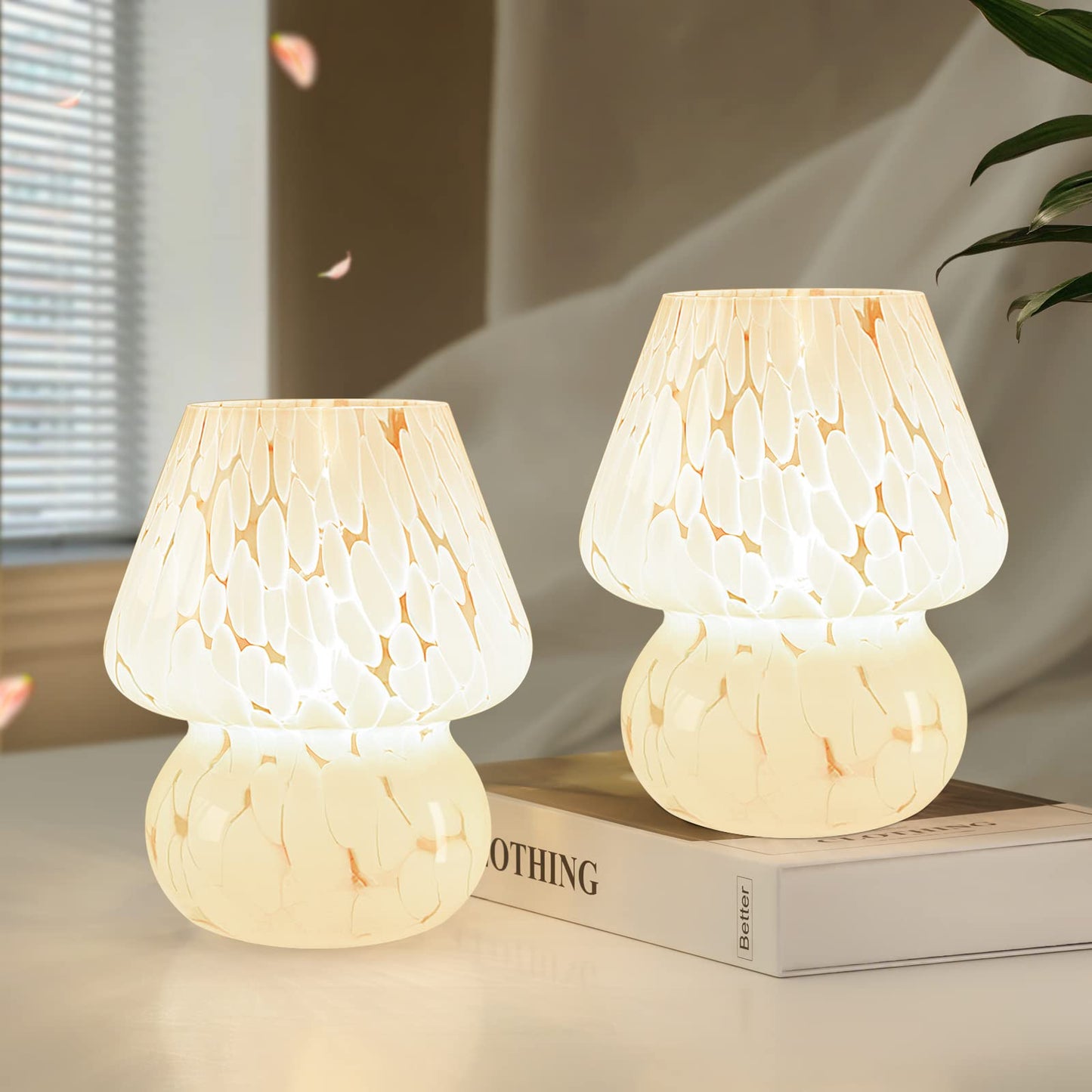 Rynx | Onewish Charming Mushroom Lamp Small Nightstand Lamp Set Of 2 Stepless Dimmable, Transparent Glass White Nightstand Lamp For Bed