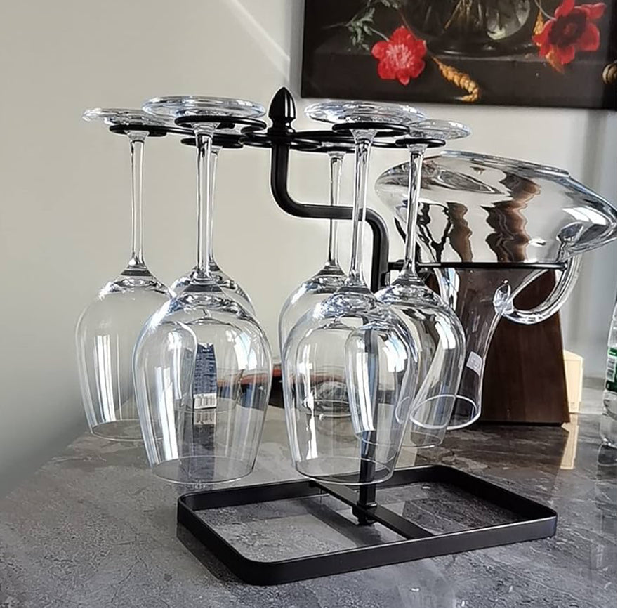 Rynx | MHome Wine Glass Hanging Rack with 6 Hooks, Metal Iron Free-standing Wine Holder, Bronze, Black, Wine Glass Rack for Kitchen Counter, Multifunctional