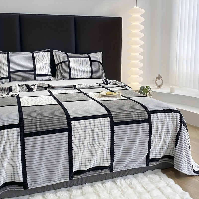 Rynx | Ultra soft plush blanket with square stripe print - Perfect for living room, bed, office, and camping decor - Machine washable, comfort for all seasons