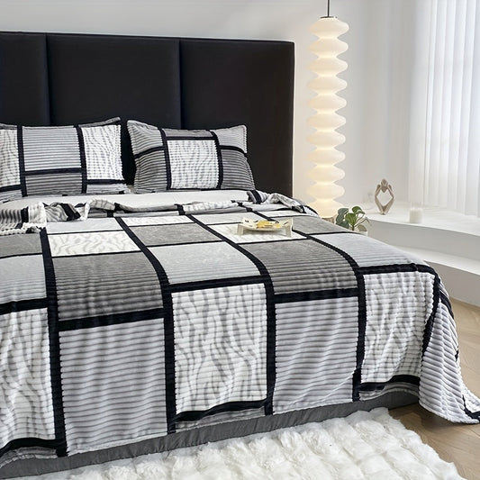 Rynx | Ultra soft plush blanket with square stripe print - Perfect for living room, bed, office, and camping decor - Machine washable, comfort for all seasons