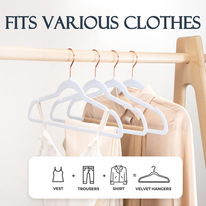 Rynx | 20/30/60 Pack Velvet Hangers - Premium Non-Slip Felt Hangers with Sturdy Black/White Finish - Heavy Duty Coat and Suit Hangers with Space-Saving 360° Rotating Rose Gold/Galvanized Metal Hook