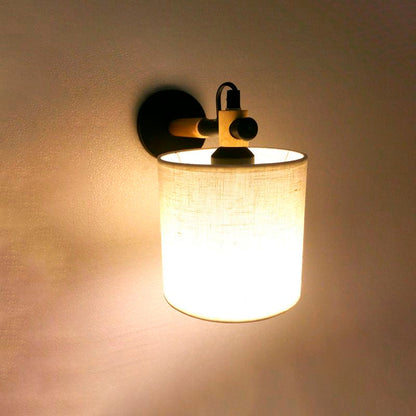 Rynx | Fabric Cylindrical Wall Light Modernist 1 Light Bedroom Wall Mounted Light with Wood Connection in Black/White