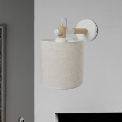 Rynx | Fabric Cylindrical Wall Light Modernist 1 Light Bedroom Wall Mounted Light with Wood Connection in Black/White