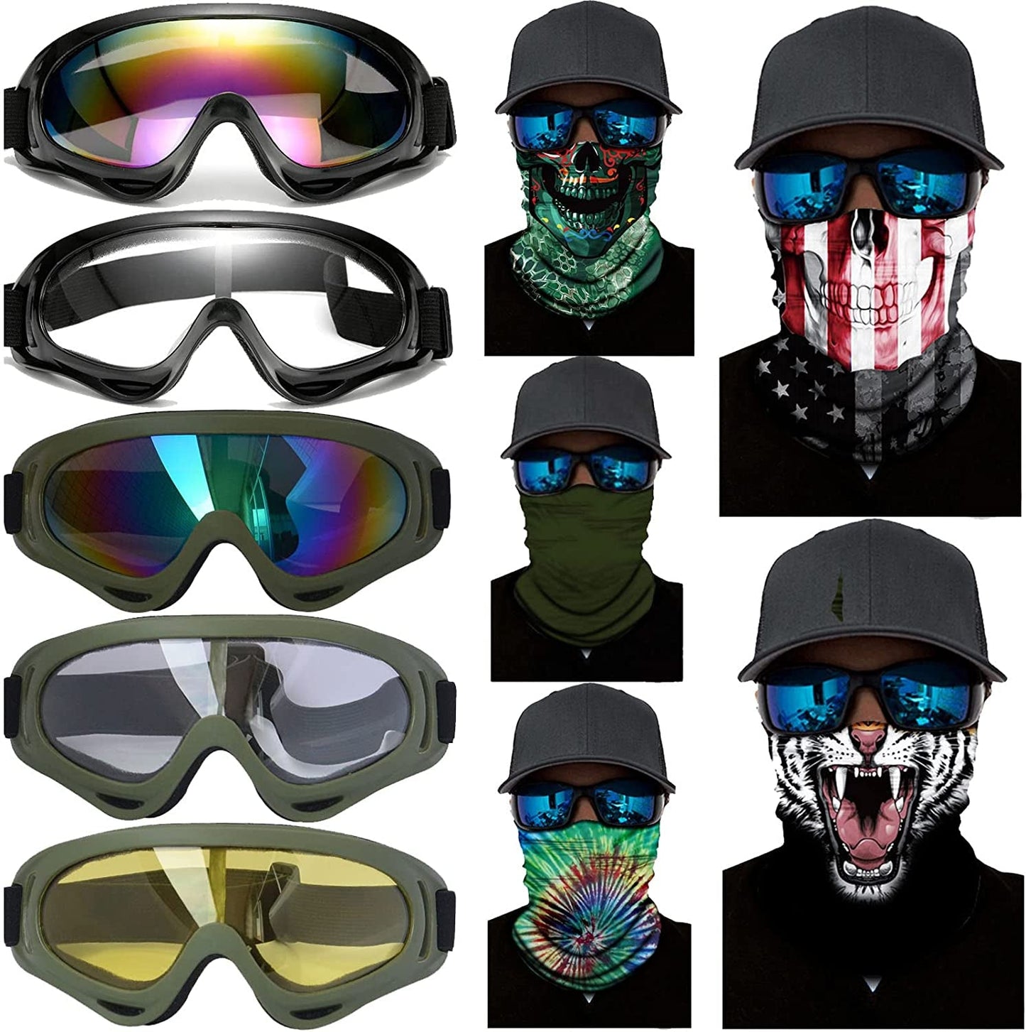 Rynx | 10 Packs Motorcycle Accessories, 5PCS Dirt Bike Ski Goggles Dustproof Windproof Safety Glasses and 5PCS Face Masks