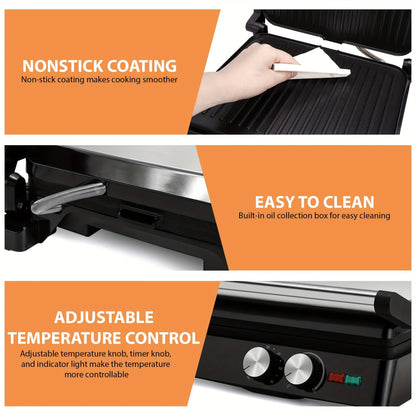 Rynx | 180-Degree 3-in-1 Electric Indoor Grill and Panini Press - Non-Stick Cooking Plates, Floating Hinge, Grease Tray