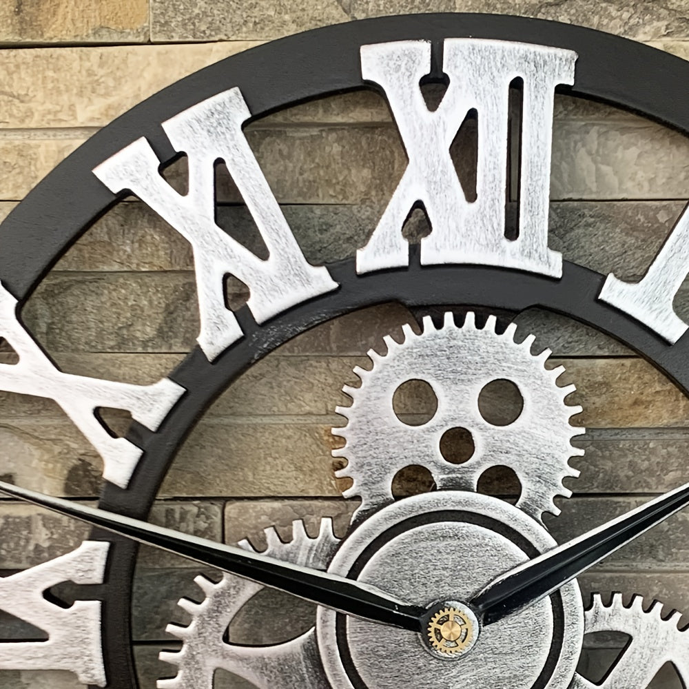 Rynx | Oversized Silver Roman Gear Wall Clock - Silent Clock for Living Room, Office, and Kitchen Product Description