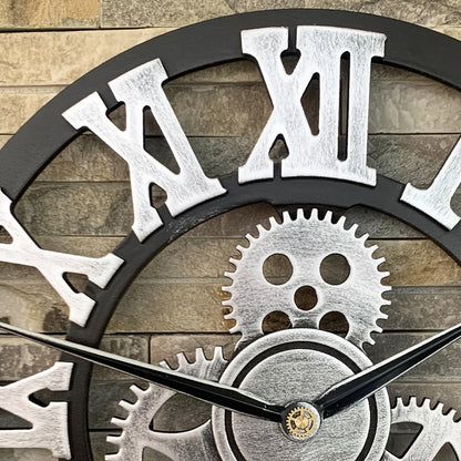 Rynx | Oversized Silver Roman Gear Wall Clock - Silent Clock for Living Room, Office, and Kitchen Product Description