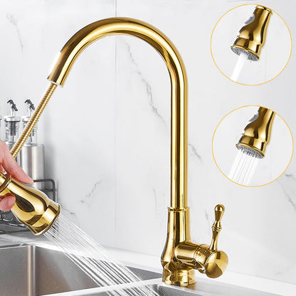 Rynx | Brushed Gold Kitchen Faucet High Arc Swivel Spout with Pull-Down Spray Head