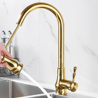 Rynx | Brushed Gold Kitchen Faucet High Arc Swivel Spout with Pull-Down Spray Head