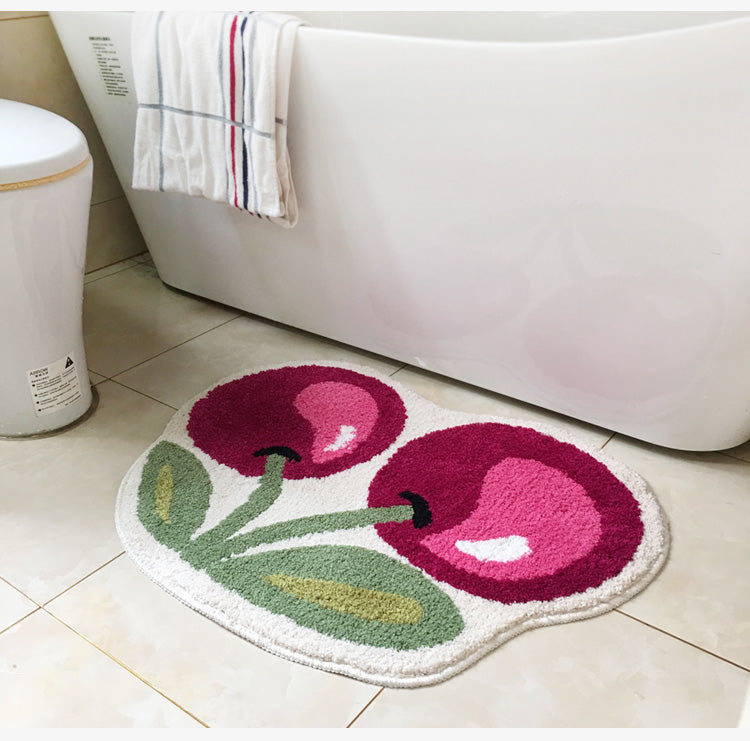 Rynx | Cute cherry bath mat, red fruit bathroom rug, soft plush water-absorbent mat, non-slip toilet mat in multiple sizes, soft thick bathroom rug, art bathroom mats, best bath rugs, tufted art rug for bathroom toilet bathtub