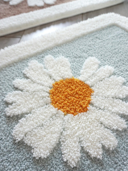 Rynx | Half-circle Daisy Bath Mat, White Flower Bath Rug, Natural Bathroom Decor, Soft Water-absorbing Mat for Bath Shower, Blue Brown