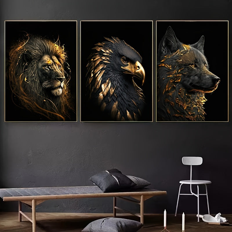 Rynx | 3 pcs Unframed Canvas Poster - Modern Art, Abstract Paintings of The Golden Lion and Eagle, Ideal Gift for Bedroom, Living Room, Hallway, Wall Decoration, Winter Decoration, Room Decor