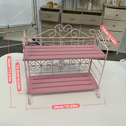 Rynx | 1pc Pink 2-Tier Klappbarer Metall- und Holzlagerregal – Eleganter Thekenorganizer für Schlafzimmer, Küche, Bad, Wohnzimmer oder Gartendekor, Wohnzimmerlagerung, Nutzregale